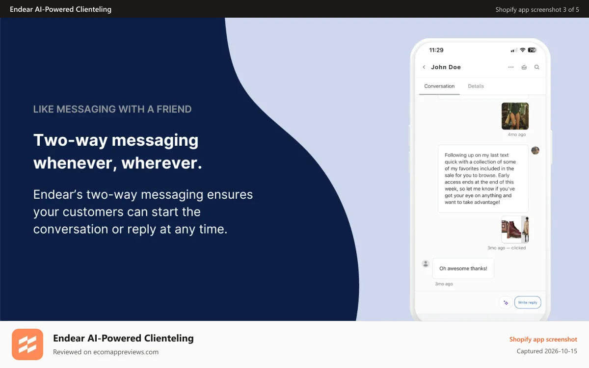 Endear AI‑Powered Clienteling Shopify app screenshot: Chat with customers at scale over email and text.