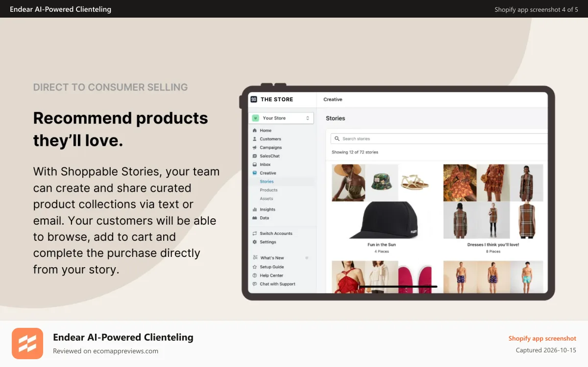 Endear AI‑Powered Clienteling Shopify app screenshot: Curate and share product recommendations over email and text.