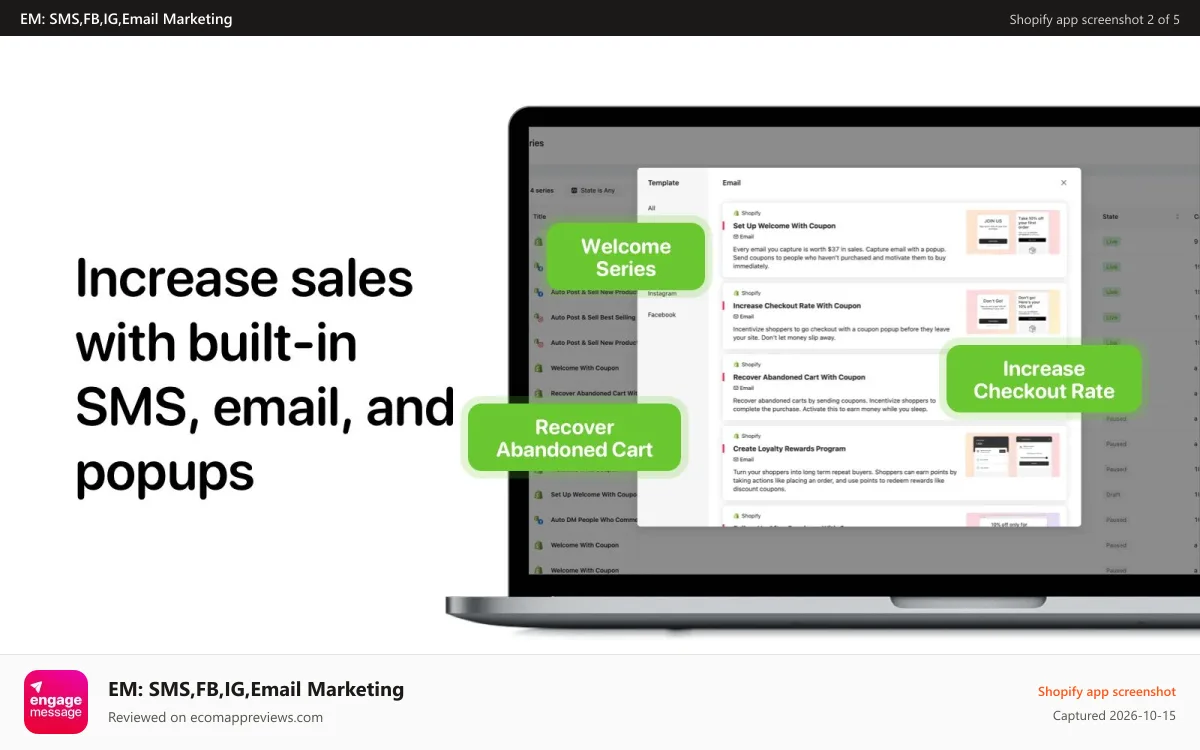 EM: SMS,FB,IG,Email Marketing Shopify app screenshot: Increase sales with built-in SMS, email and popups