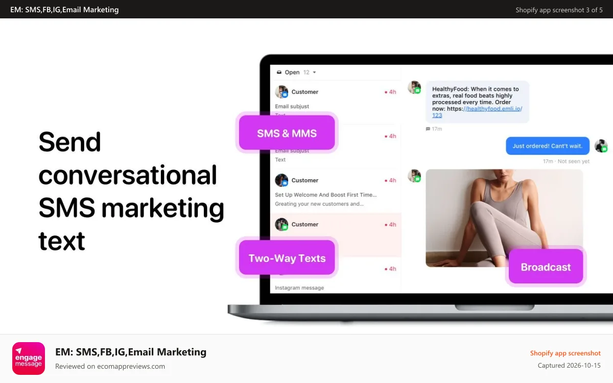 EM: SMS,FB,IG,Email Marketing Shopify app screenshot: Send SMS marketing campaigns. Two way SMS.