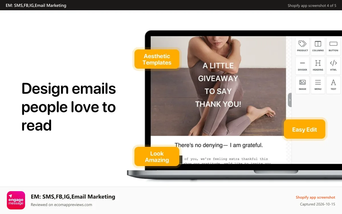 EM: SMS,FB,IG,Email Marketing Shopify app screenshot: Design beautiful email with templates