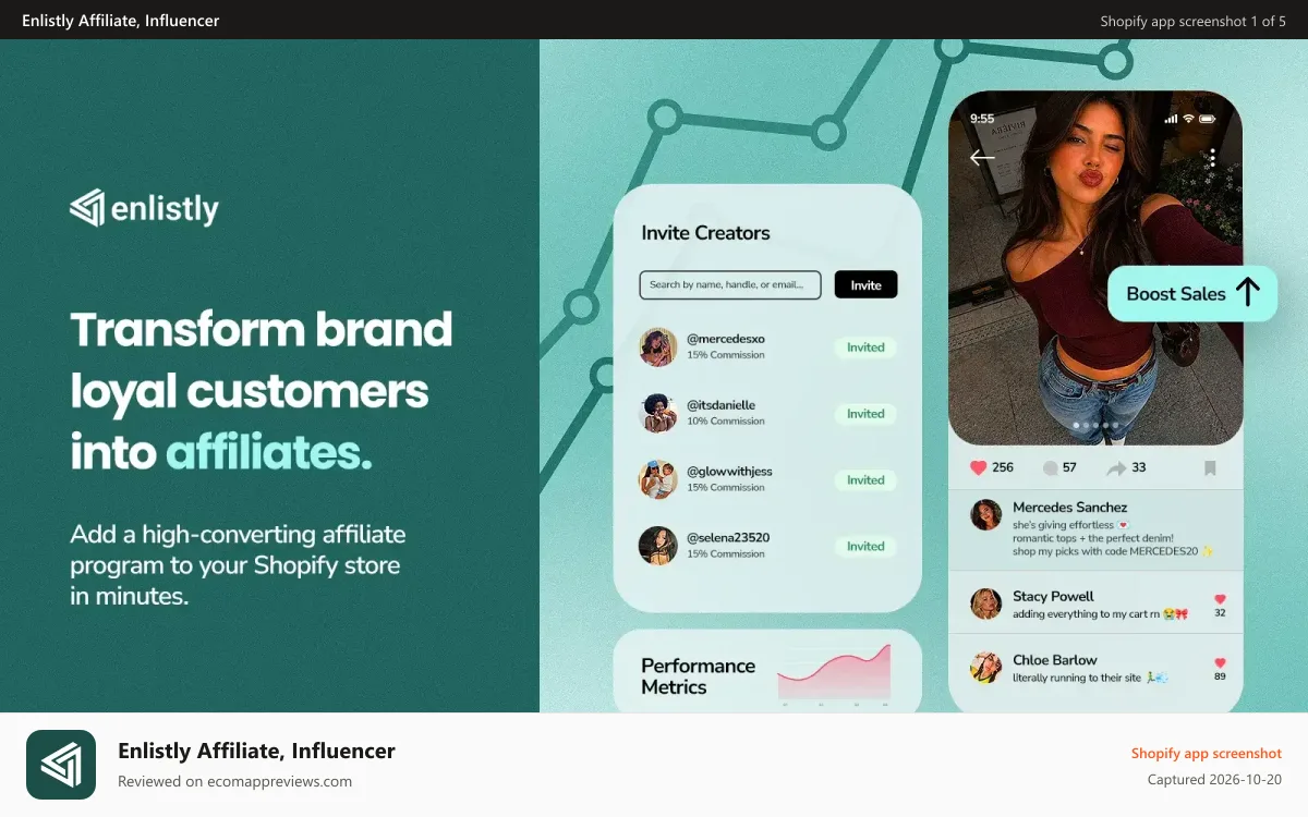 Enlistly Affiliate, Influencer Shopify app screenshot: Affiliate marketing and UGC influencer management