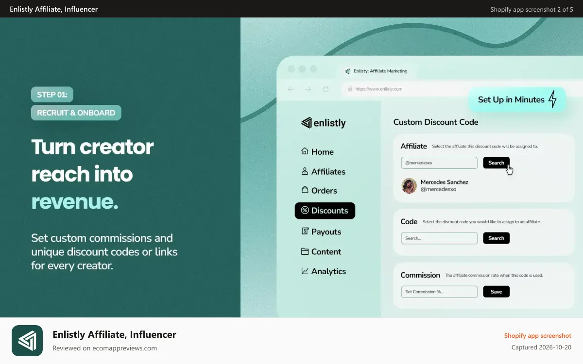 Enlistly Affiliate, Influencer Shopify app screenshot: Affiliate Marketing Platform