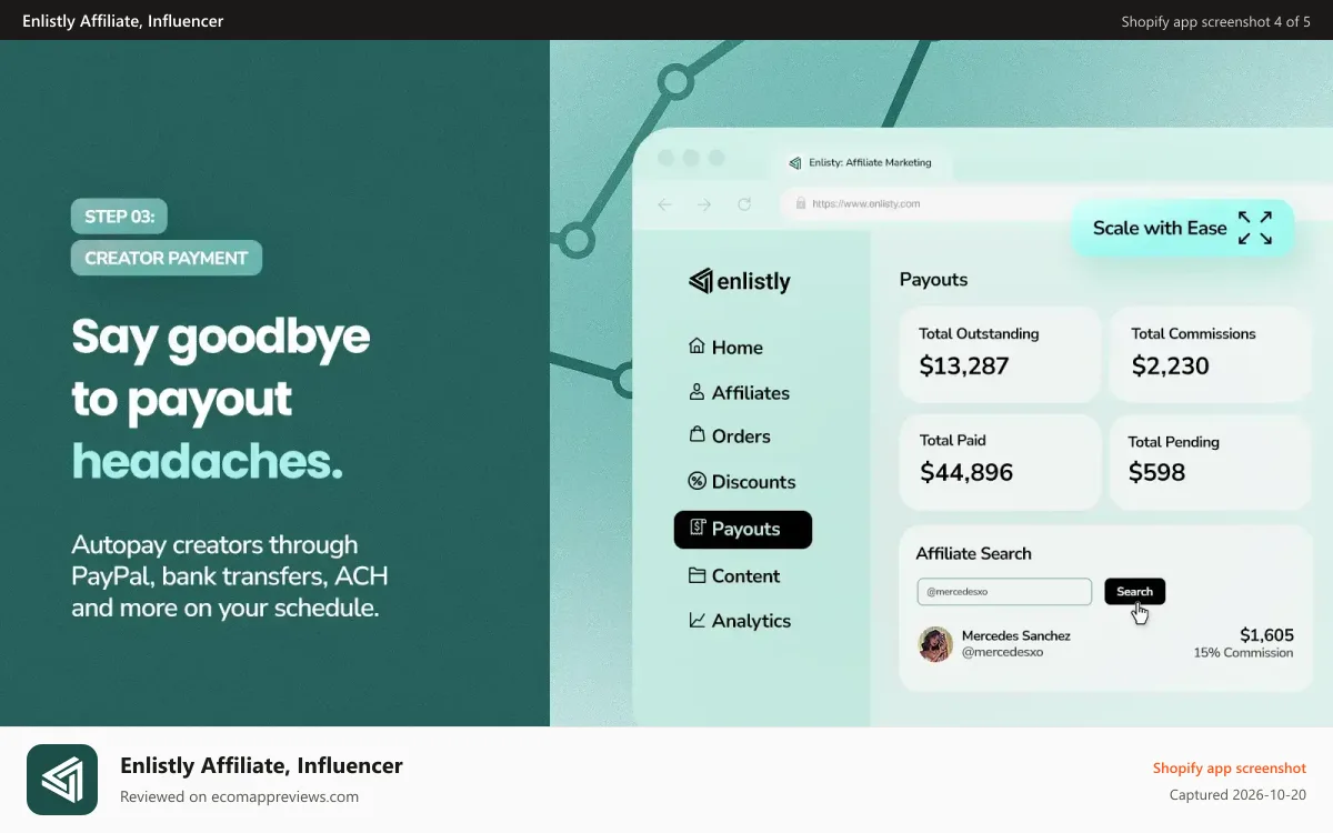 Enlistly Affiliate, Influencer Shopify app screenshot: Payout methods, No code & World Class Support