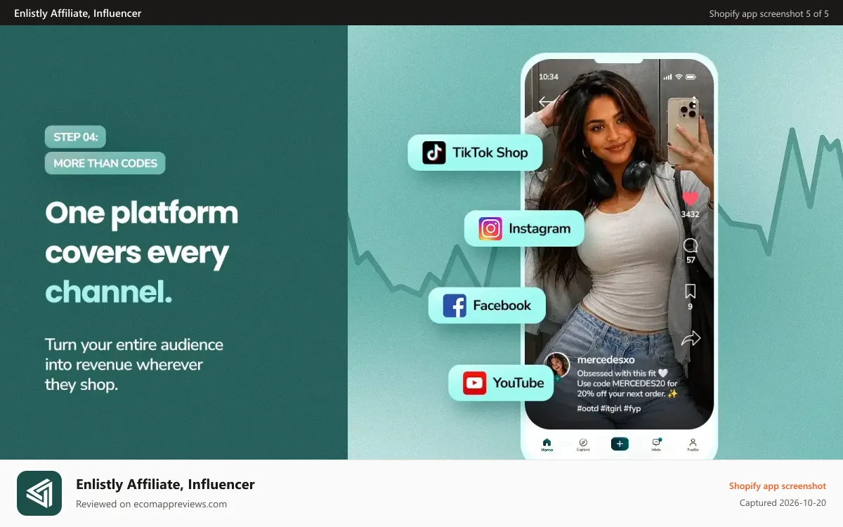 Enlistly Affiliate, Influencer Shopify app screenshot: Multi-channel integration