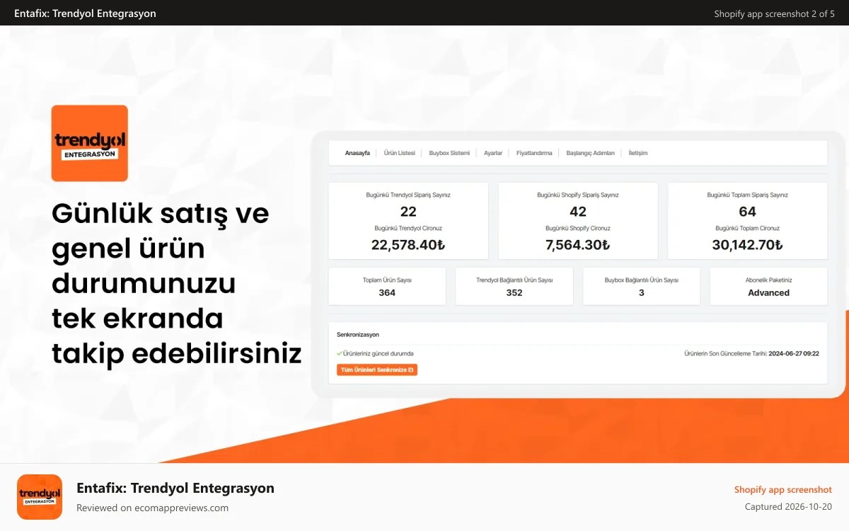 Entafix: Trendyol Entegrasyon Shopify app screenshot: SCREENSHOT 1
