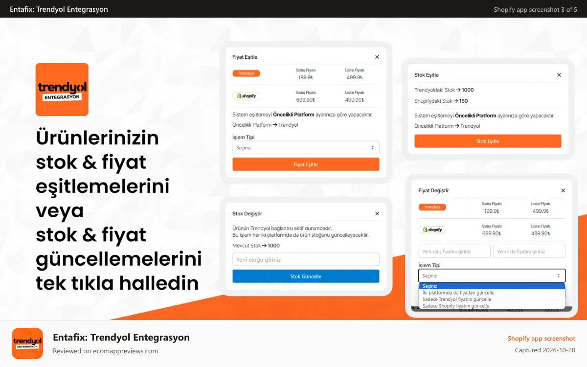 Entafix: Trendyol Entegrasyon Shopify app screenshot: SCREENSHOT 2
