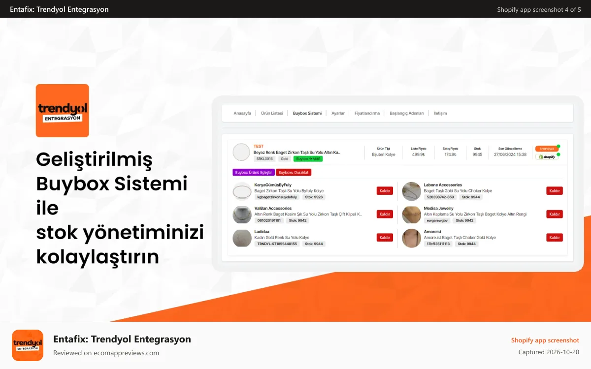 Entafix: Trendyol Entegrasyon Shopify app screenshot: SCREENSHOT 3
