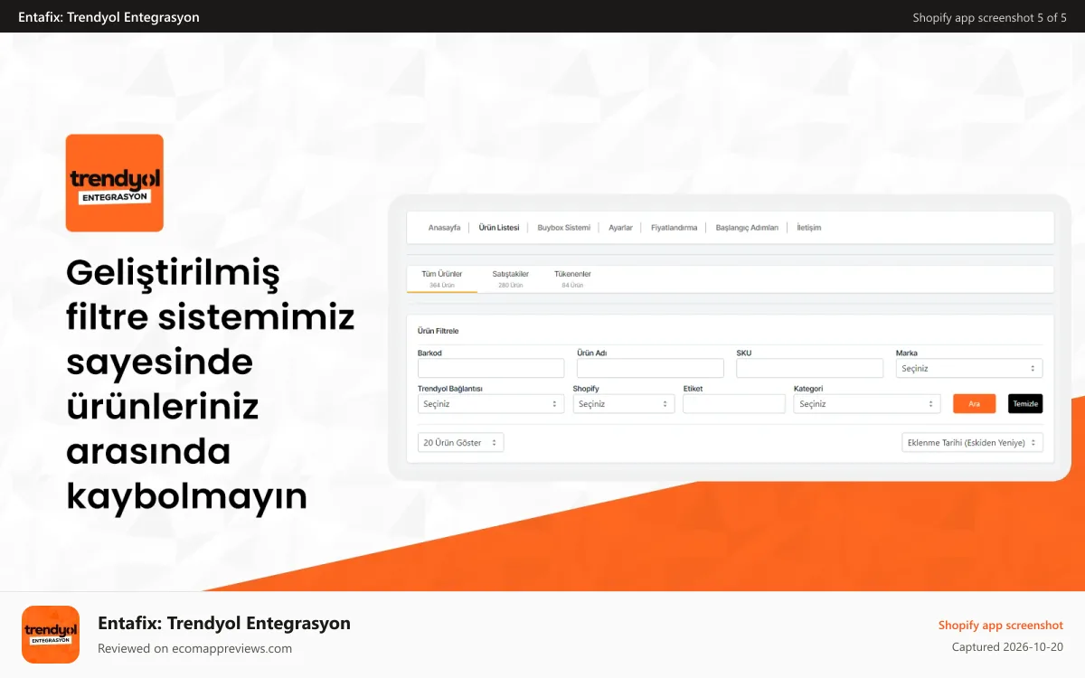 Entafix: Trendyol Entegrasyon Shopify app screenshot: SCREENSHOT 4