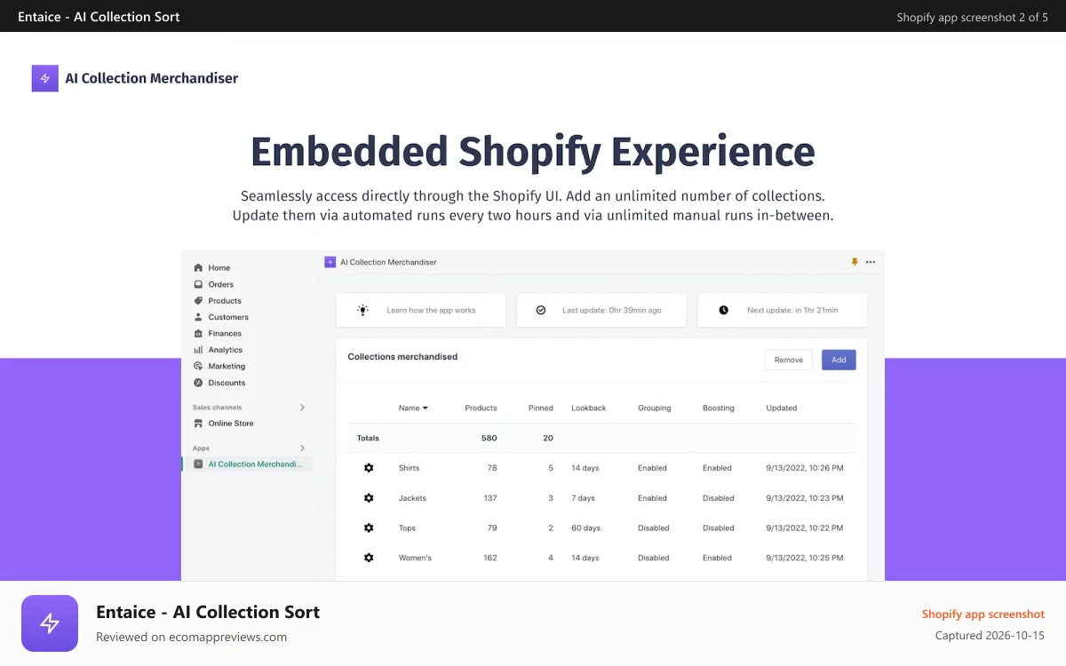 Entaice ‑ AI Collection Sort Shopify app screenshot: Embedded Shopify experience. Unlimited updates of product ranks