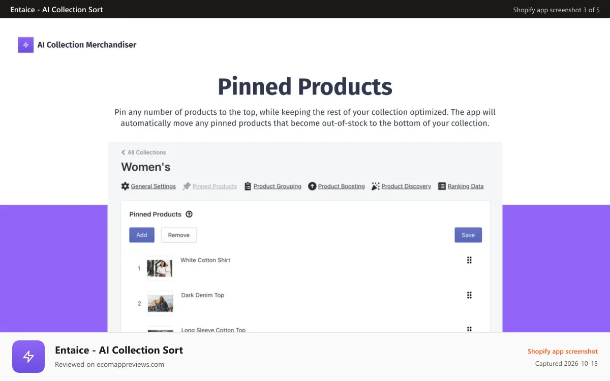 Entaice ‑ AI Collection Sort Shopify app screenshot: Promote products by pinning them to the top of a collection