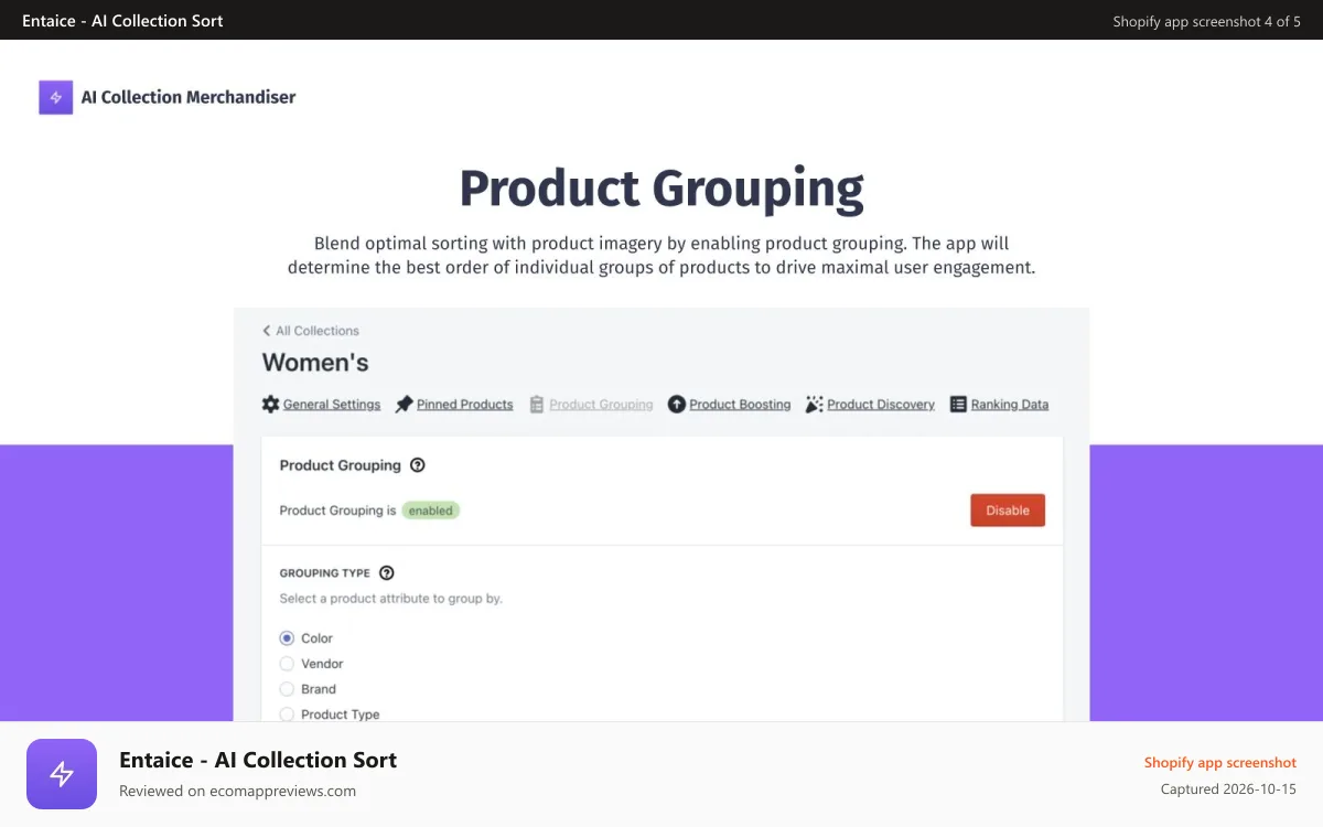 Entaice ‑ AI Collection Sort Shopify app screenshot: Group products by color, vendor, brand or type