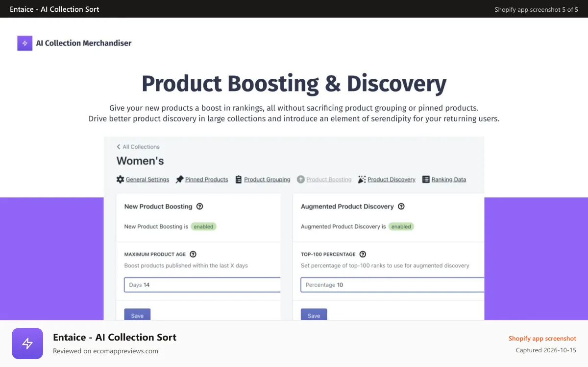 Entaice ‑ AI Collection Sort Shopify app screenshot: Boost new products without sacrificing visual merchandising