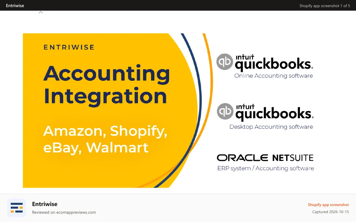 Entriwise Shopify app screenshot: Entriwise Shopify for QuickBooks and NetSuite