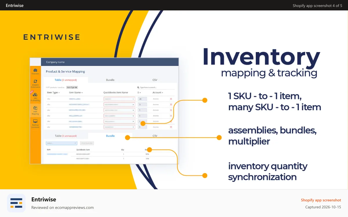 Entriwise Shopify app screenshot: Map inventory and sync quantity
