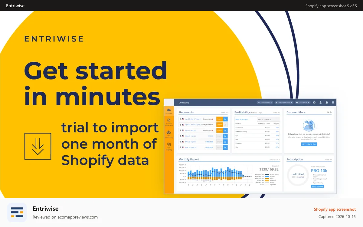 Entriwise Shopify app screenshot: Get started in minutes