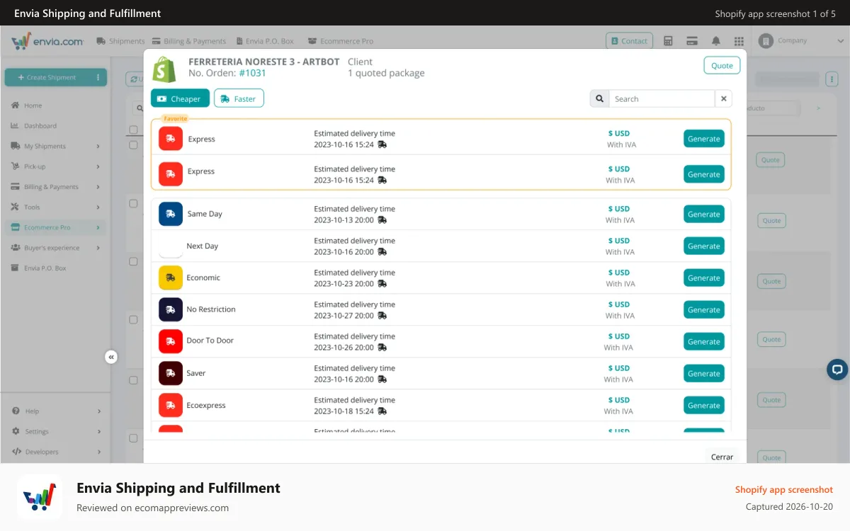 Envia Shipping and Fulfillment Shopify app screenshot: Label Creating - Envia Shipping and Fulfillment
