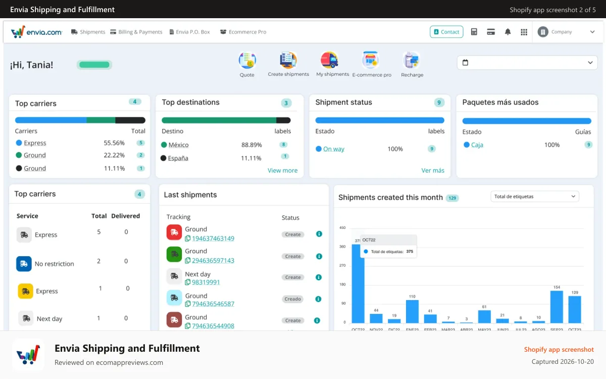 Envia Shipping and Fulfillment Shopify app screenshot: Shipping Reports - Envia Shipping and Fulfillment