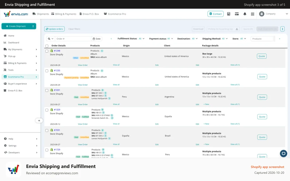 Envia Shipping and Fulfillment Shopify app screenshot: Store Integrations - Envia Shipping and Fulfillment