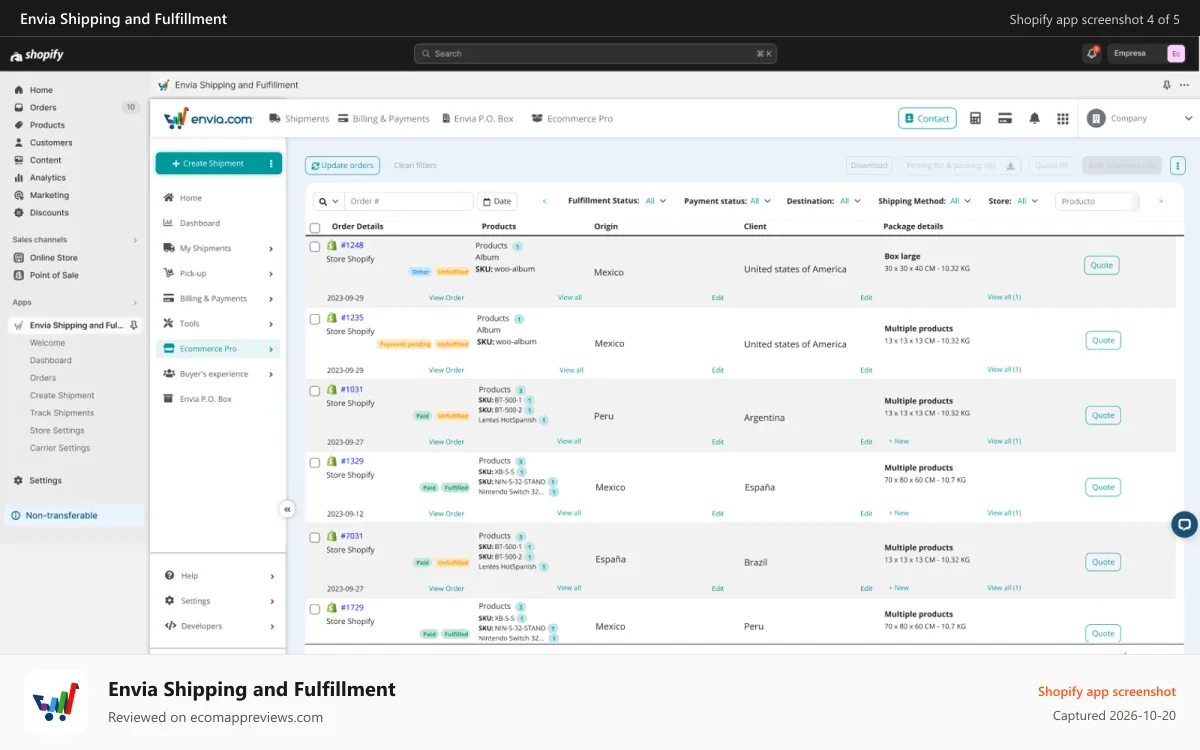 Envia Shipping and Fulfillment Shopify app screenshot: Compare Prices - Envia Shipping and Fulfillment