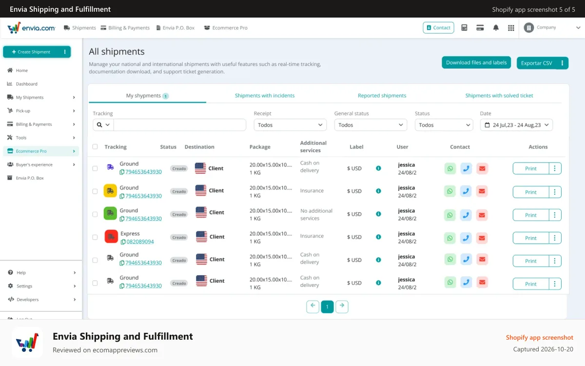 Envia Shipping and Fulfillment Shopify app screenshot: Shipment History - Envia Shipping and Fulfillment