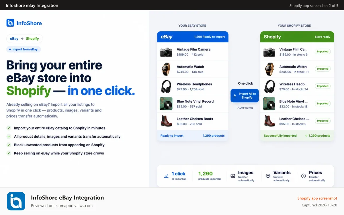 InfoShore eBay Integration Shopify app screenshot: Import an entire eBay store into Shopify in one click