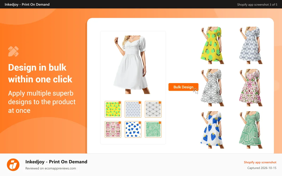 Inkedjoy ‑ Print On Demand Shopify app screenshot: Bulk design feature allows you to create products in bulk