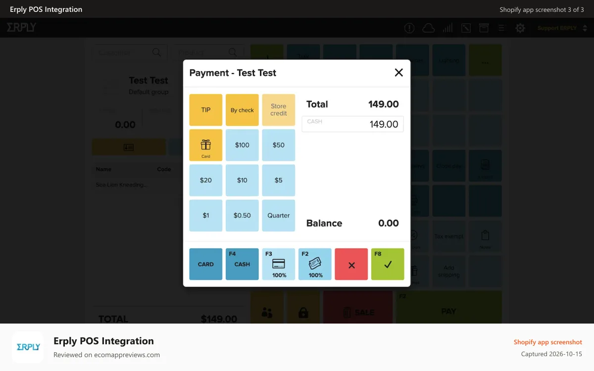 Erply POS Integration Shopify app screenshot: Point Of Sale payment view