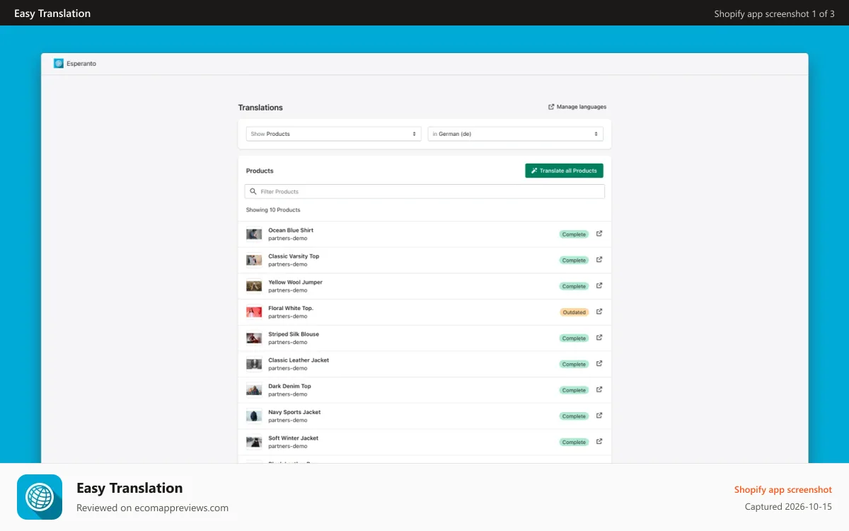 Easy Translation Shopify app screenshot: List showing available translations