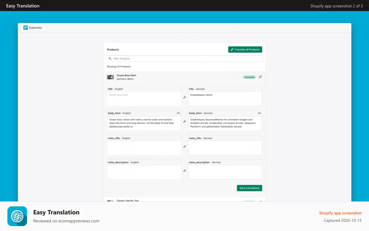 Easy Translation Shopify app screenshot: Detail view for automatic or manual translation management