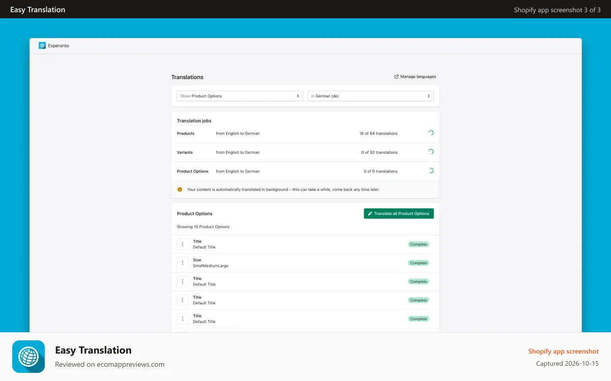 Easy Translation Shopify app screenshot: Automatic translation jobs