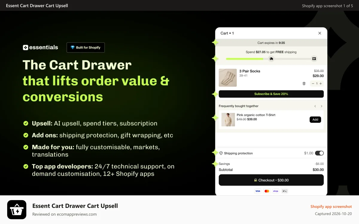 Essent Cart Drawer Cart Upsell Shopify app screenshot: Boos AOV & conversions with Cart drawer upsell sticky cart