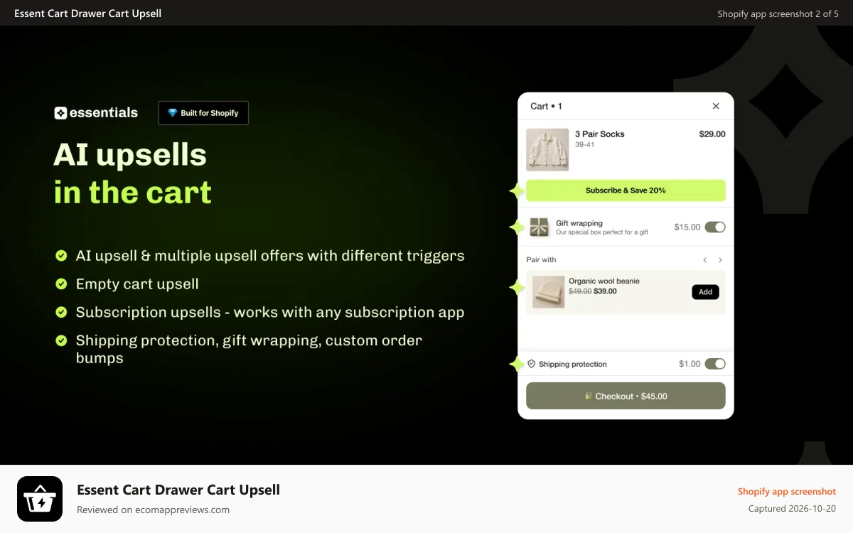 Essent Cart Drawer Cart Upsell Shopify app screenshot: AI upsells, cross-sells and subscription upsells in cart drawer