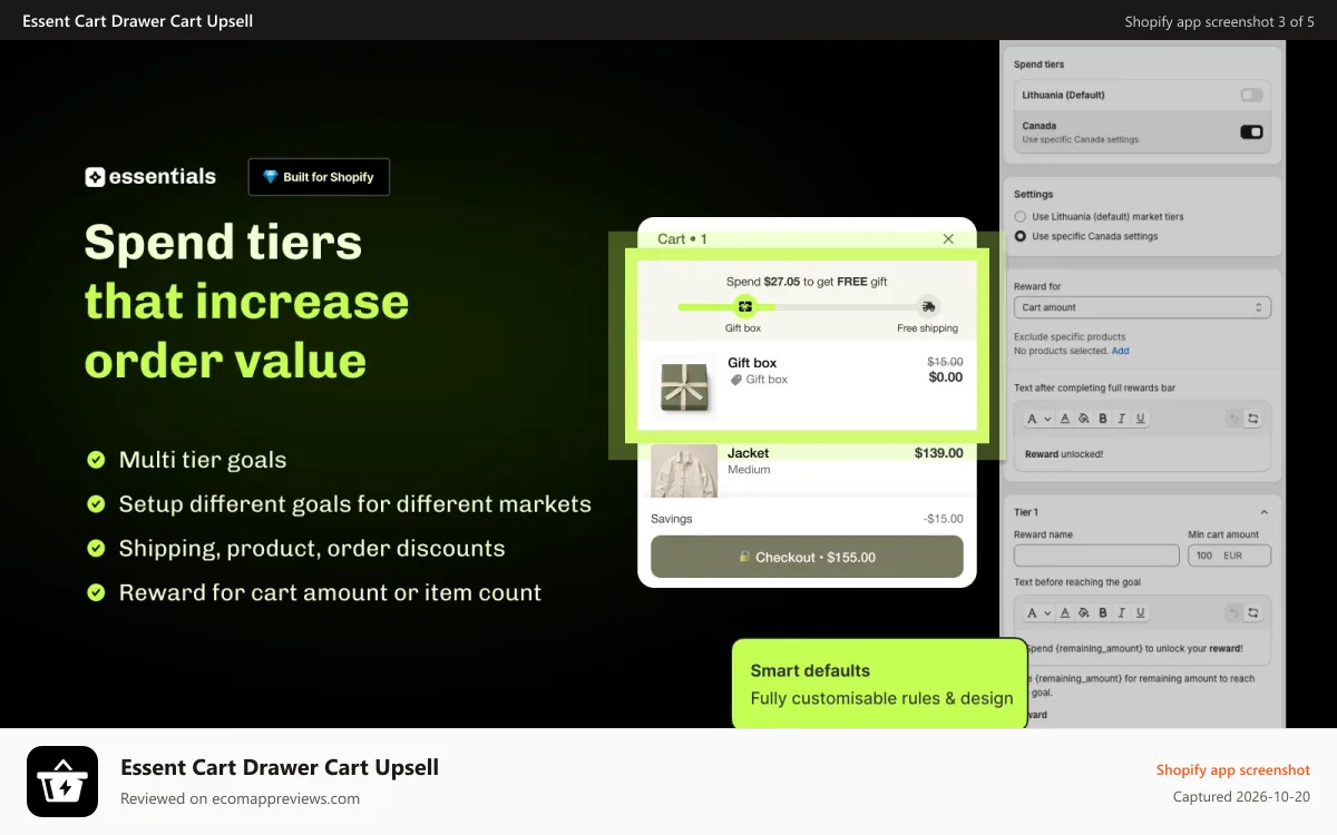 Essent Cart Drawer Cart Upsell Shopify app screenshot: Reward bar with free shipping bar, free gifts and discounts