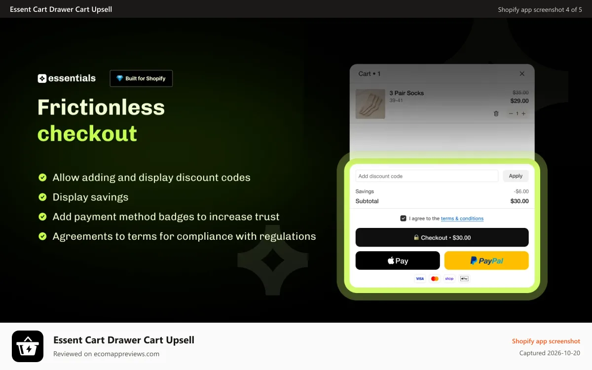 Essent Cart Drawer Cart Upsell Shopify app screenshot: Discount codes, payment icons and accelerated checkout in cart