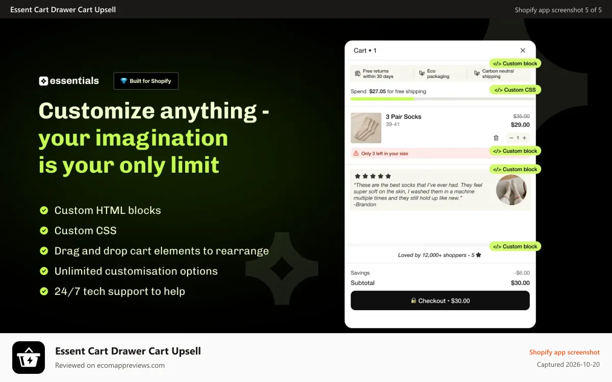 Essent Cart Drawer Cart Upsell Shopify app screenshot: Custom HTML, CSS and drag-and-drop sections in cart drawer