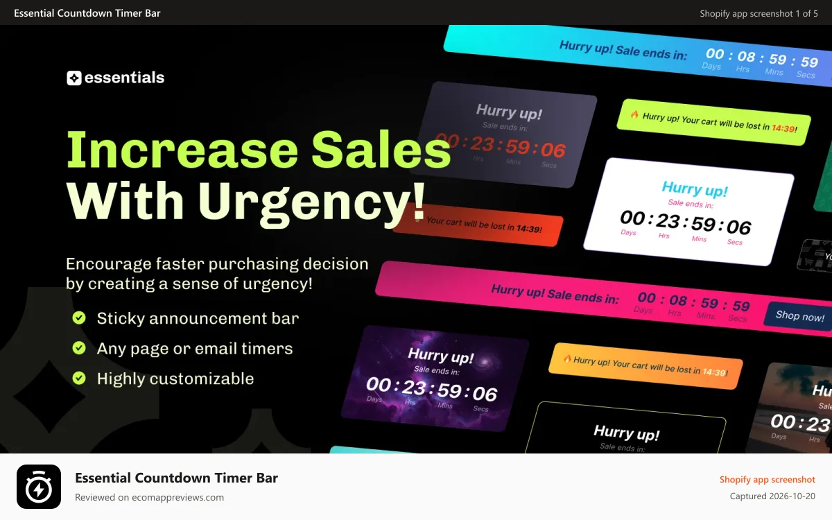 Essential Countdown Timer Bar Shopify app screenshot: Increase Sales With Urgency! Announcement bar and page timers.