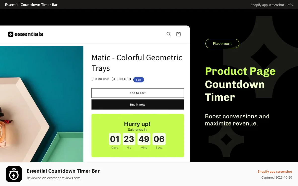 Essential Countdown Timer Bar Shopify app screenshot: Essential Shopify product page countdown timer to boost sales