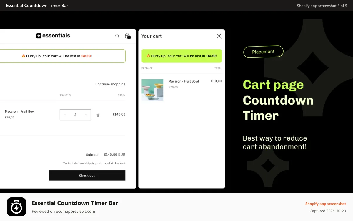 Essential Countdown Timer Bar Shopify app screenshot: Essential Shopify cart countdown to reduce cart abandonment