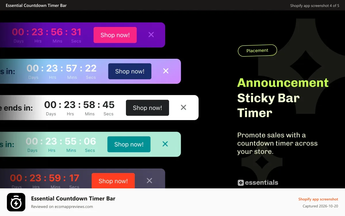 Essential Countdown Timer Bar Shopify app screenshot: Essential Shopify countdown timer announcement bar banner