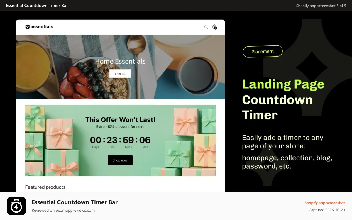 Essential Countdown Timer Bar Shopify app screenshot: Essential Shopify password page countdown timer bar
