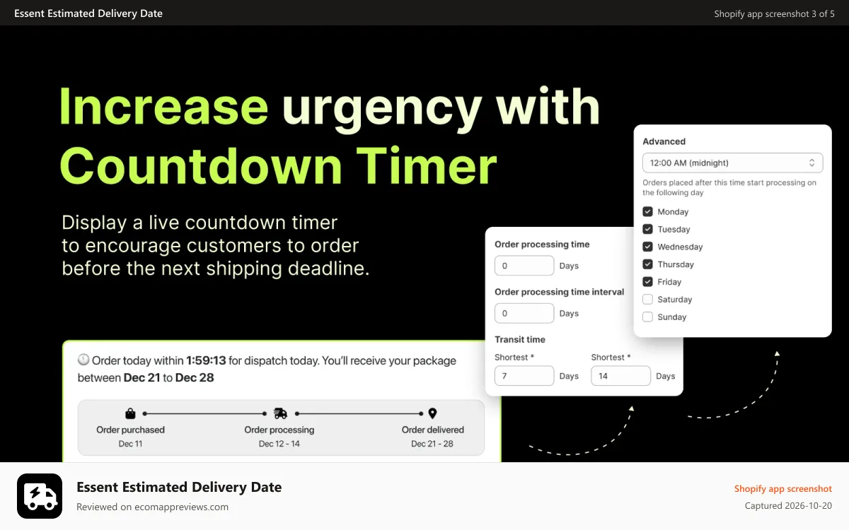 Essent Estimated Delivery Date Shopify app screenshot: Create urgency with countdown timer