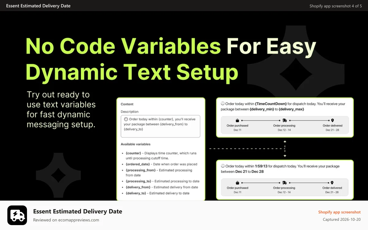 Essent Estimated Delivery Date Shopify app screenshot: No Code Variables for dynamic text setup