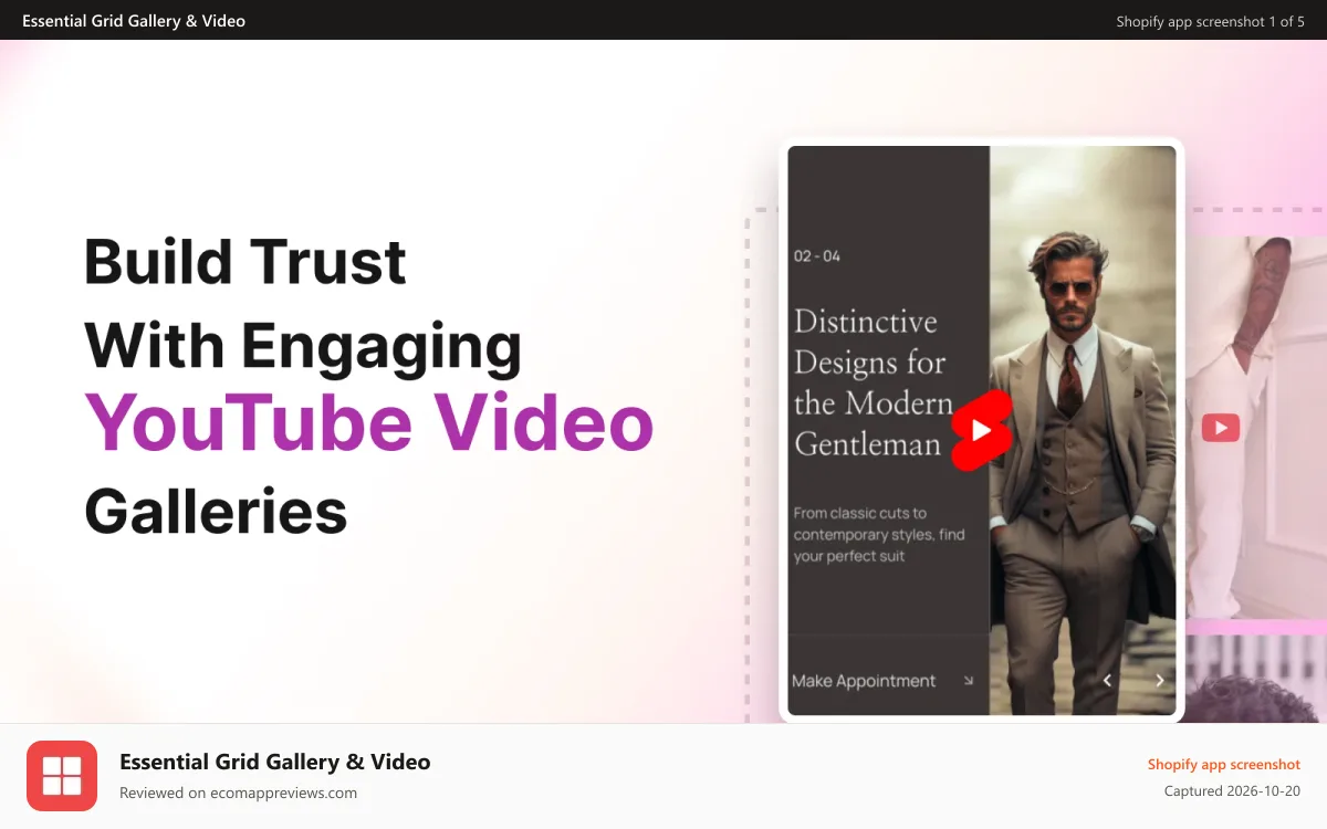 Essential Grid Gallery & Video Shopify app screenshot: Build Trust with Engaging YouTube Video Galleries