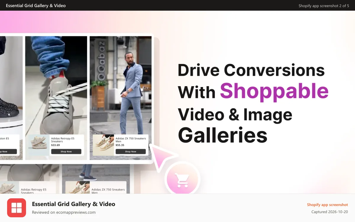 Essential Grid Gallery & Video Shopify app screenshot: Drive Conversions with UGC, Shoppable Video & Image Galleries