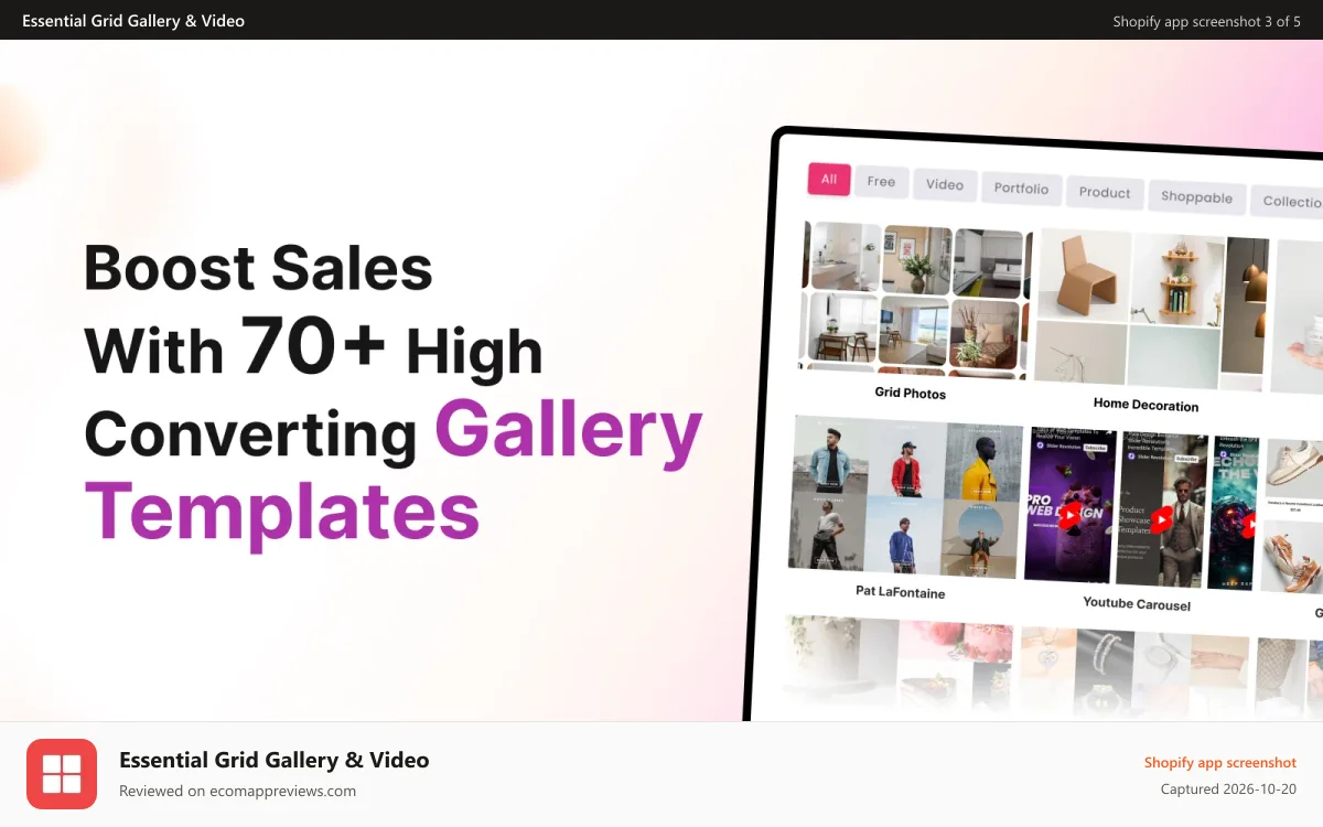 Essential Grid Gallery & Video Shopify app screenshot: Ready templates for video, image gallery, photo gallery
