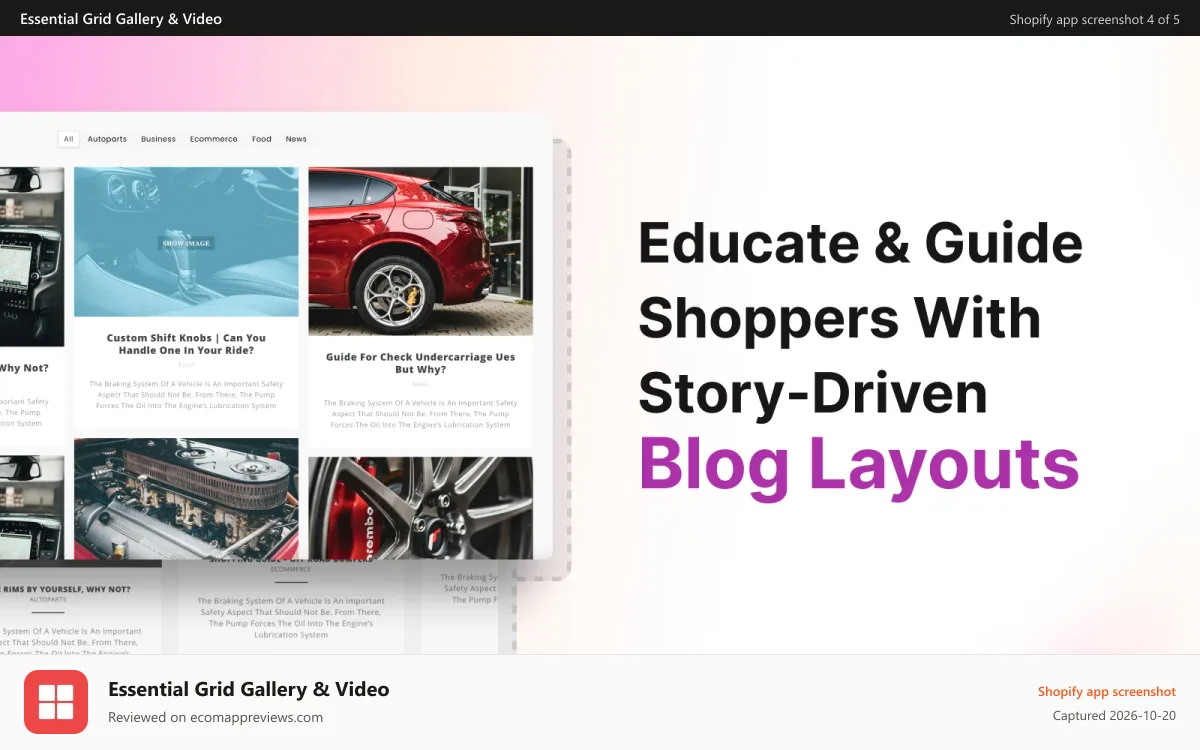 Essential Grid Gallery & Video Shopify app screenshot: Educate & Guide Shoppers with Story-Driven Blog Layouts