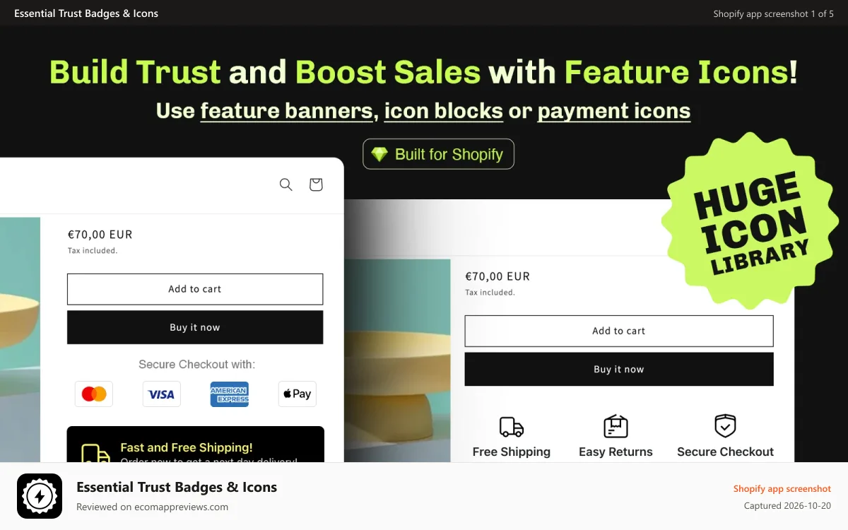 Essential Trust Badges & Icons Shopify app screenshot: Boost Shopify sales with trust badges, feature icons and baners