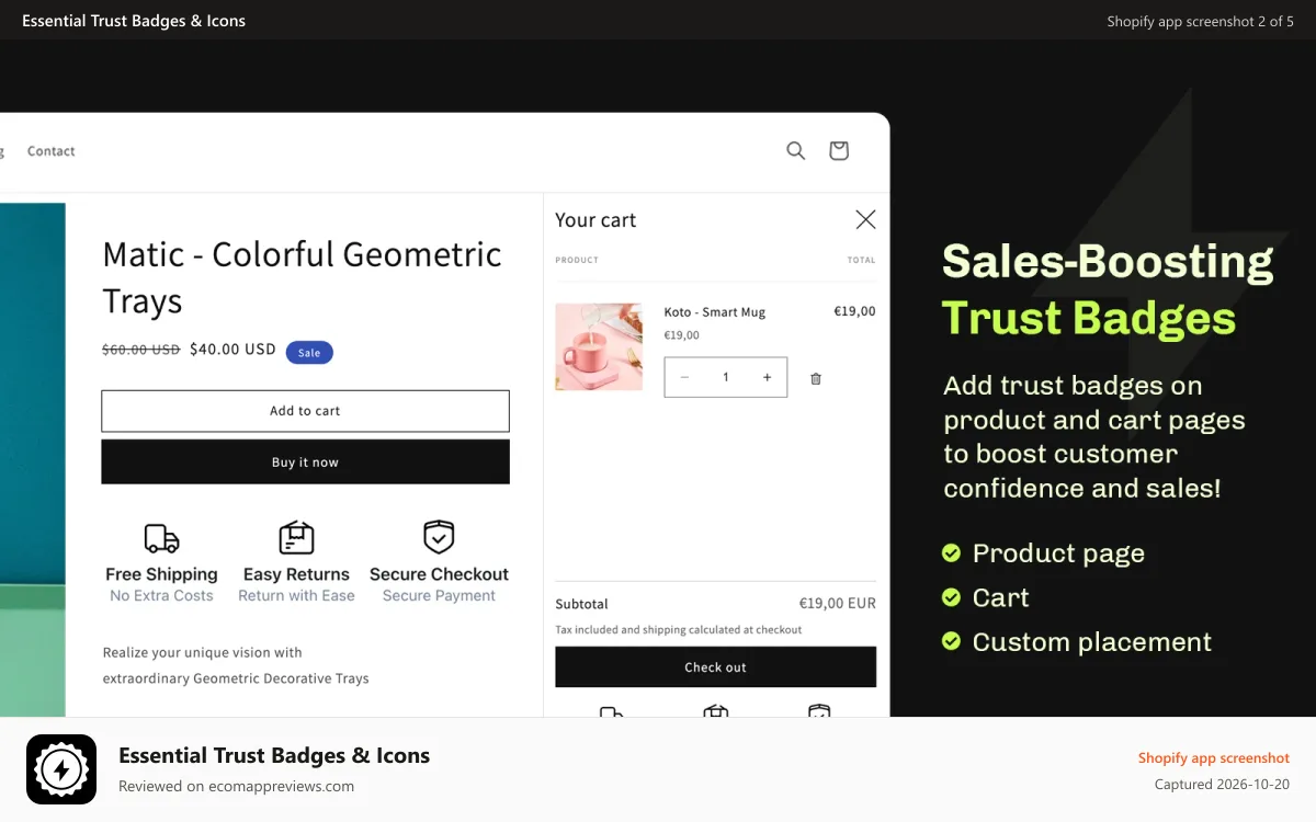 Essential Trust Badges & Icons Shopify app screenshot: Shopify trust badges on product page and cart that boosts sales
