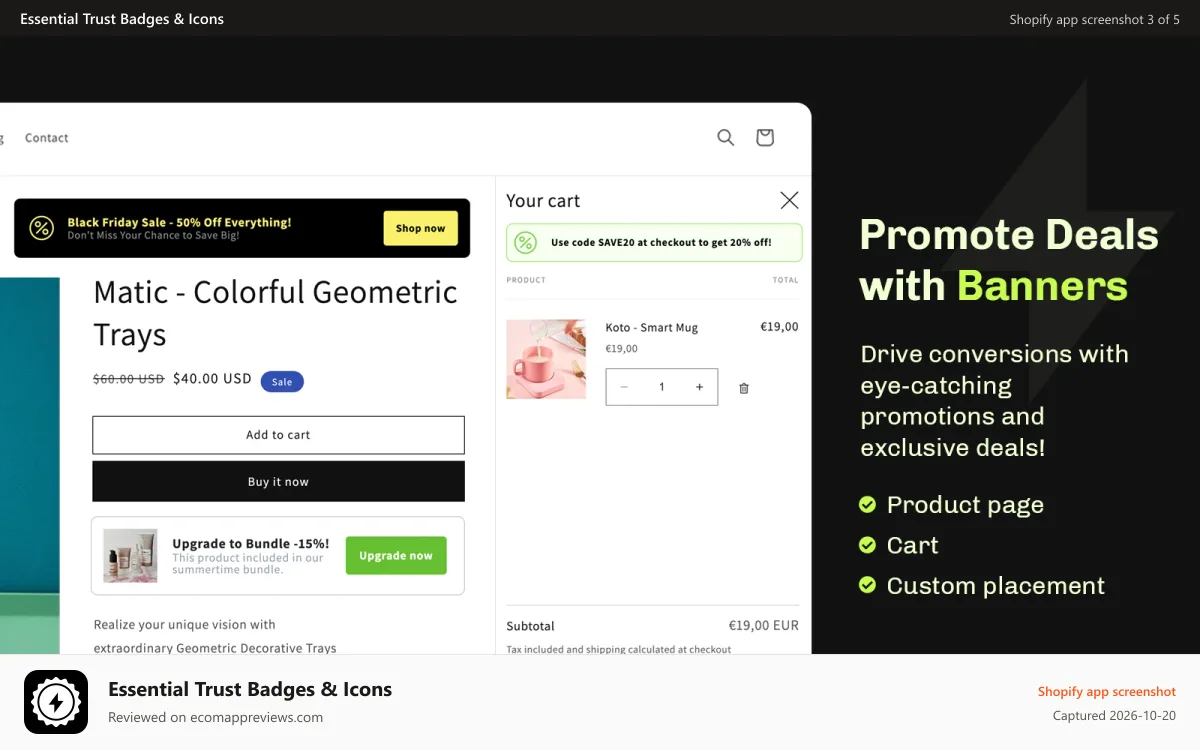 Essential Trust Badges & Icons Shopify app screenshot: Shopify banners on product page and cart that boosts sales